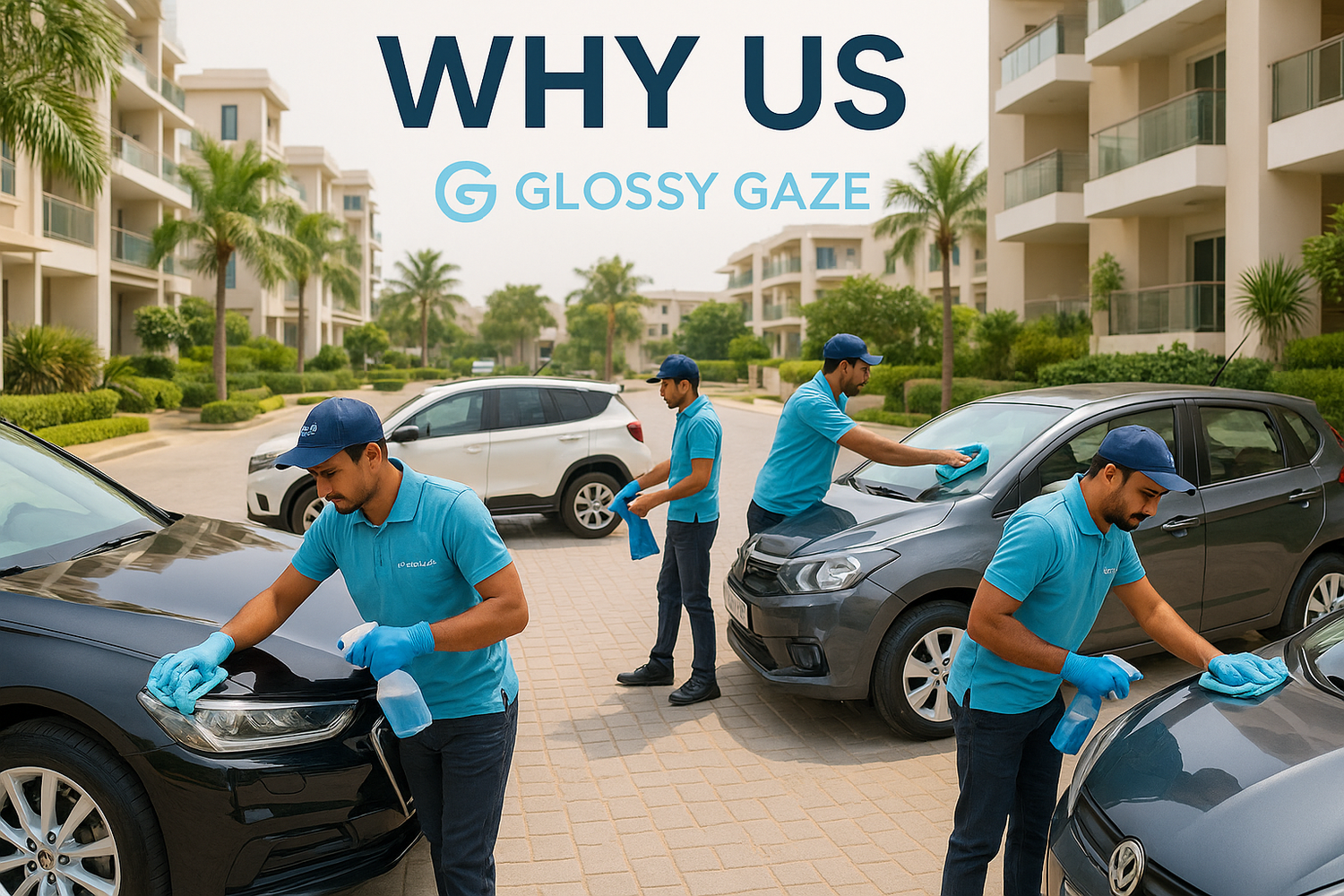 Glossy Gaze team actually cleaning cars in spacious gated community parking