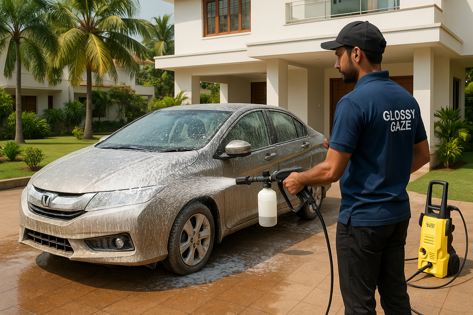 Professional foam car wash service for sedan at home