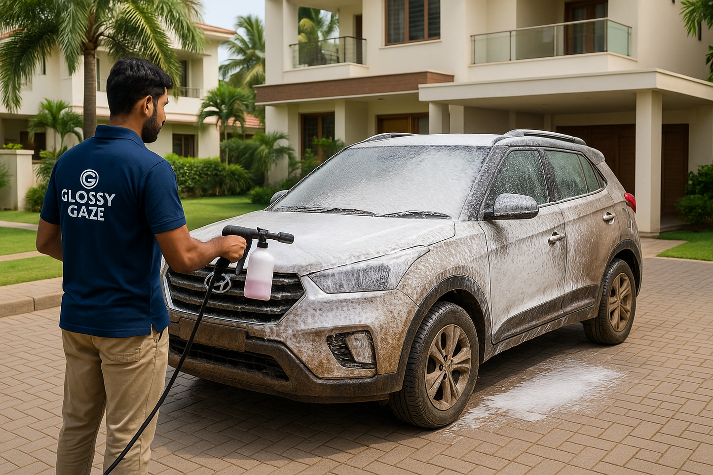 Professional foam car wash service for SUV at home